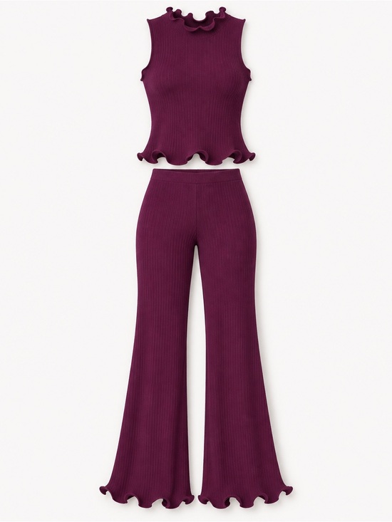 Meshki Pants - Meshki Ribbed Ruffle-Hem Tank & Flare Set - Plum